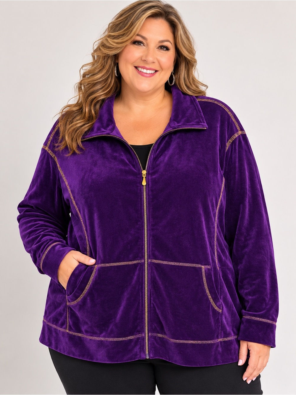 Liz & Me Deep Purple Velour Zip-Up Jacket with Gold Stitching – Size 5X – NWT - Picture 1 of 5